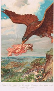 Thjassi, the giant in his eagle plumage, flew down and caught up Iduna, illustration from 
